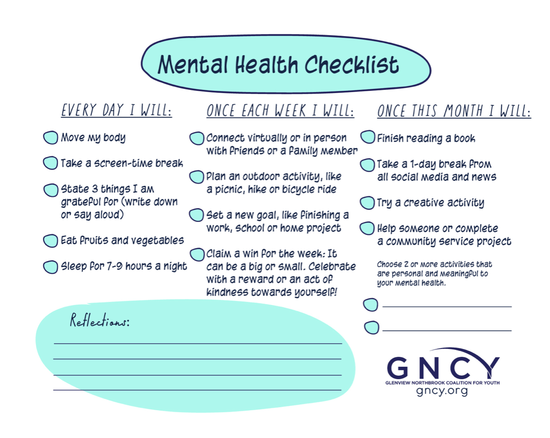 Mental health checklist with small steps you can take each day, week and month to support balance and overall mental health. Courtesy of GNCY.