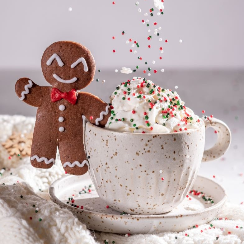 Hot chocolate drink with sprinkles and gingerbread man